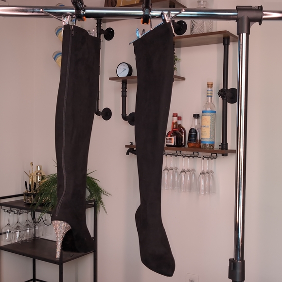 Nina Shoes - Nina Rocklin Black Faux Suede Rhinestone Heel OTK Boots